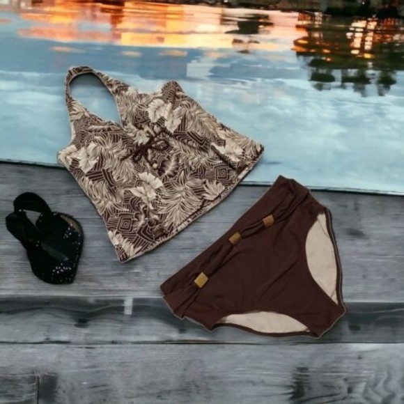 Faded Glory 1x Halter Tankini With Matching Bikini Bottom Brown/Tan Fern Pattern - Picture 1 of 11